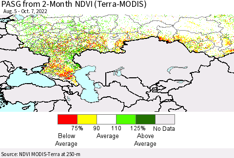 Russian Federation PASG from 2-Month NDVI (Terra-MODIS) Thematic Map For 9/30/2022 - 10/7/2022