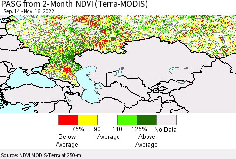 Russian Federation PASG from 2-Month NDVI (Terra-MODIS) Thematic Map For 11/9/2022 - 11/16/2022