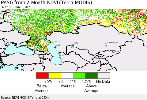Russian Federation PASG from 2-Month NDVI (Terra-MODIS) Thematic Map For 5/25/2023 - 6/1/2023