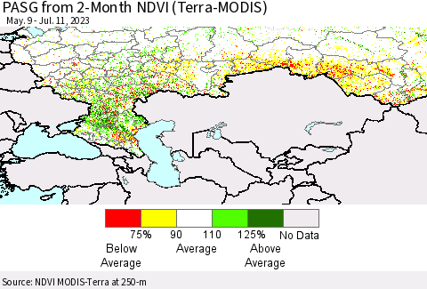 Russian Federation PASG from 2-Month NDVI (Terra-MODIS) Thematic Map For 7/4/2023 - 7/11/2023