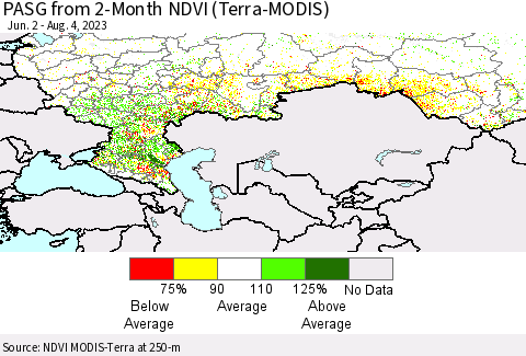 Russian Federation PASG from 2-Month NDVI (Terra-MODIS) Thematic Map For 7/28/2023 - 8/4/2023