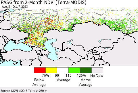 Russian Federation PASG from 2-Month NDVI (Terra-MODIS) Thematic Map For 9/30/2023 - 10/7/2023