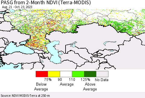 Russian Federation PASG from 2-Month NDVI (Terra-MODIS) Thematic Map For 10/16/2023 - 10/23/2023