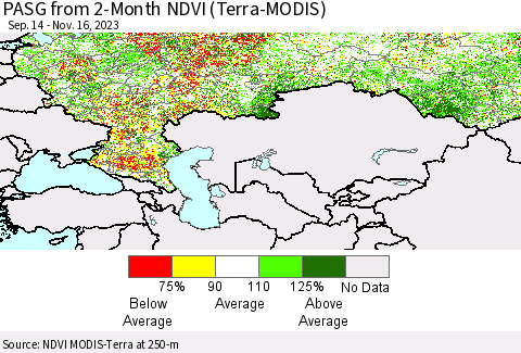 Russian Federation PASG from 2-Month NDVI (Terra-MODIS) Thematic Map For 11/9/2023 - 11/16/2023