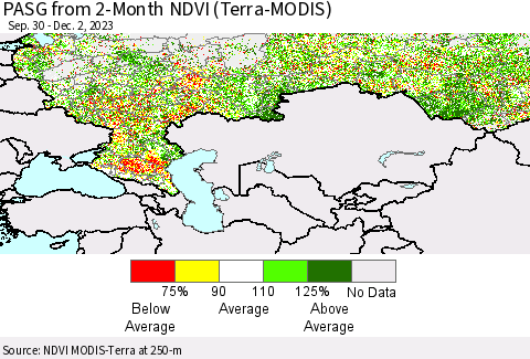 Russian Federation PASG from 2-Month NDVI (Terra-MODIS) Thematic Map For 11/25/2023 - 12/2/2023