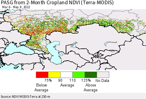 Russian Federation PASG from 2-Month Cropland NDVI (Terra-MODIS) Thematic Map For 5/1/2022 - 5/8/2022