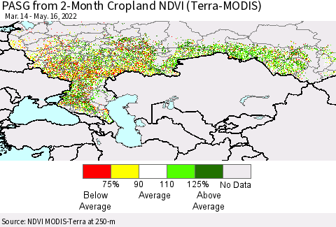 Russian Federation PASG from 2-Month Cropland NDVI (Terra-MODIS) Thematic Map For 5/9/2022 - 5/16/2022