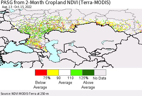 Russian Federation PASG from 2-Month Cropland NDVI (Terra-MODIS) Thematic Map For 10/8/2022 - 10/15/2022