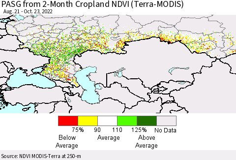 Russian Federation PASG from 2-Month Cropland NDVI (Terra-MODIS) Thematic Map For 10/16/2022 - 10/23/2022