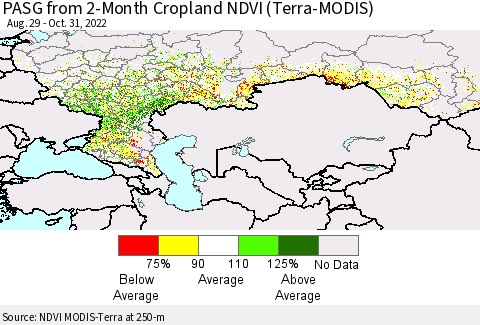 Russian Federation PASG from 2-Month Cropland NDVI (Terra-MODIS) Thematic Map For 10/24/2022 - 10/31/2022