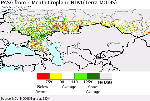 Russian Federation PASG from 2-Month Cropland NDVI (Terra-MODIS) Thematic Map For 11/1/2022 - 11/8/2022