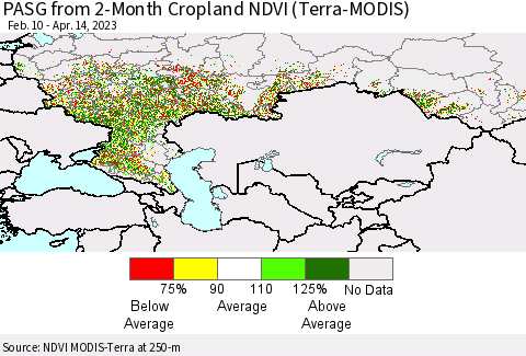 Russian Federation PASG from 2-Month Cropland NDVI (Terra-MODIS) Thematic Map For 4/7/2023 - 4/14/2023