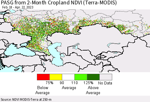Russian Federation PASG from 2-Month Cropland NDVI (Terra-MODIS) Thematic Map For 4/15/2023 - 4/22/2023