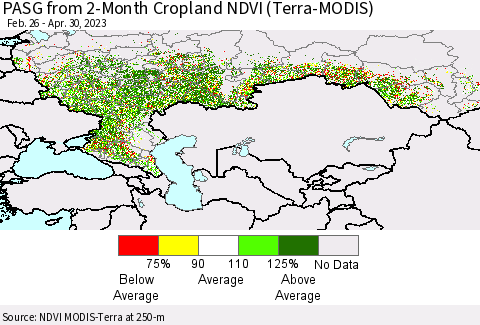 Russian Federation PASG from 2-Month Cropland NDVI (Terra-MODIS) Thematic Map For 4/23/2023 - 4/30/2023