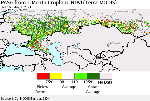 Russian Federation PASG from 2-Month Cropland NDVI (Terra-MODIS) Thematic Map For 5/1/2023 - 5/8/2023