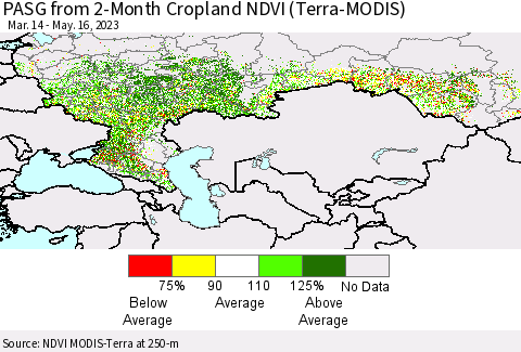 Russian Federation PASG from 2-Month Cropland NDVI (Terra-MODIS) Thematic Map For 5/9/2023 - 5/16/2023