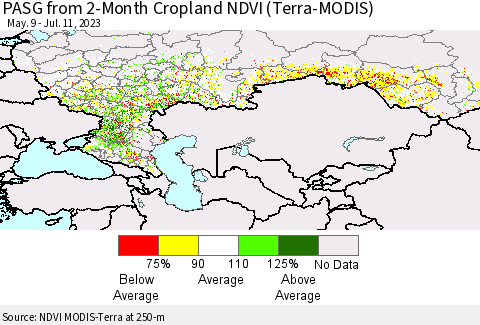 Russian Federation PASG from 2-Month Cropland NDVI (Terra-MODIS) Thematic Map For 7/4/2023 - 7/11/2023