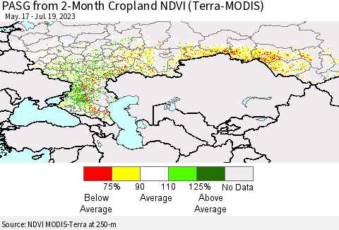 Russian Federation PASG from 2-Month Cropland NDVI (Terra-MODIS) Thematic Map For 7/12/2023 - 7/19/2023