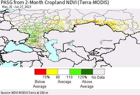 Russian Federation PASG from 2-Month Cropland NDVI (Terra-MODIS) Thematic Map For 7/20/2023 - 7/27/2023
