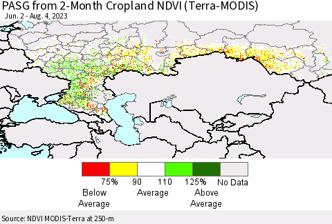 Russian Federation PASG from 2-Month Cropland NDVI (Terra-MODIS) Thematic Map For 7/28/2023 - 8/4/2023