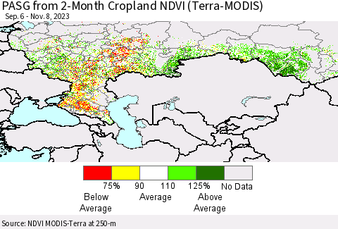 Russian Federation PASG from 2-Month Cropland NDVI (Terra-MODIS) Thematic Map For 11/1/2023 - 11/8/2023