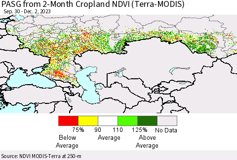Russian Federation PASG from 2-Month Cropland NDVI (Terra-MODIS) Thematic Map For 11/25/2023 - 12/2/2023