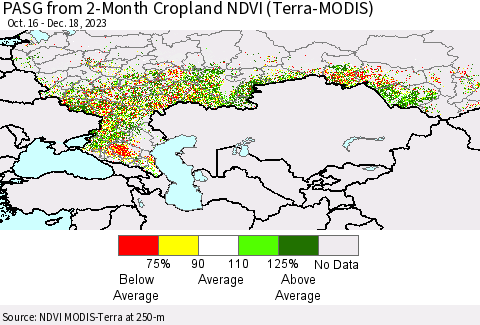 Russian Federation PASG from 2-Month Cropland NDVI (Terra-MODIS) Thematic Map For 12/11/2023 - 12/18/2023