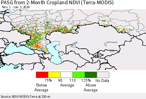 Russian Federation PASG from 2-Month Cropland NDVI (Terra-MODIS) Thematic Map For 12/27/2023 - 1/3/2024
