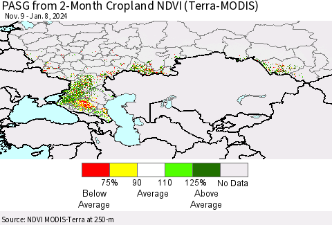 Russian Federation PASG from 2-Month Cropland NDVI (Terra-MODIS) Thematic Map For 1/1/2024 - 1/8/2024