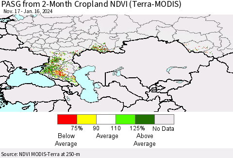 Russian Federation PASG from 2-Month Cropland NDVI (Terra-MODIS) Thematic Map For 1/9/2024 - 1/16/2024