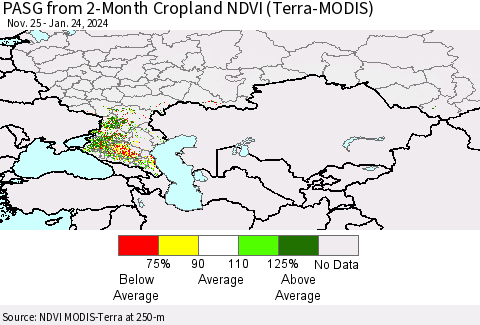 Russian Federation PASG from 2-Month Cropland NDVI (Terra-MODIS) Thematic Map For 1/17/2024 - 1/24/2024