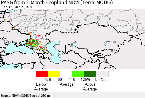 Russian Federation PASG from 2-Month Cropland NDVI (Terra-MODIS) Thematic Map For 3/13/2024 - 3/20/2024