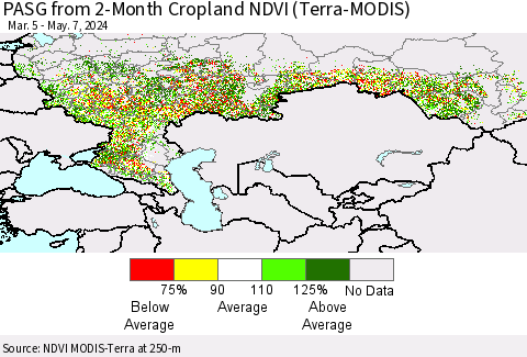 Russian Federation PASG from 2-Month Cropland NDVI (Terra-MODIS) Thematic Map For 4/30/2024 - 5/7/2024