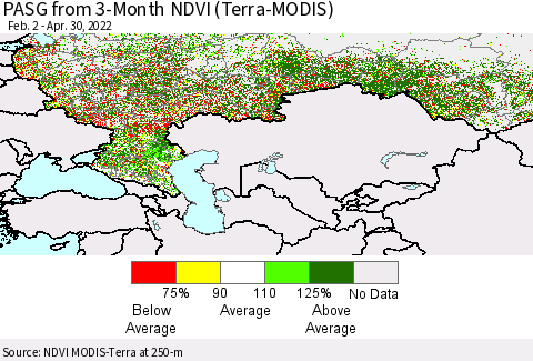 Russian Federation PASG from 3-Month NDVI (Terra-MODIS) Thematic Map For 4/23/2022 - 4/30/2022
