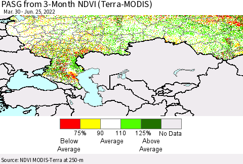 Russian Federation PASG from 3-Month NDVI (Terra-MODIS) Thematic Map For 6/18/2022 - 6/25/2022