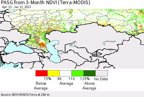 Russian Federation PASG from 3-Month NDVI (Terra-MODIS) Thematic Map For 7/4/2022 - 7/11/2022