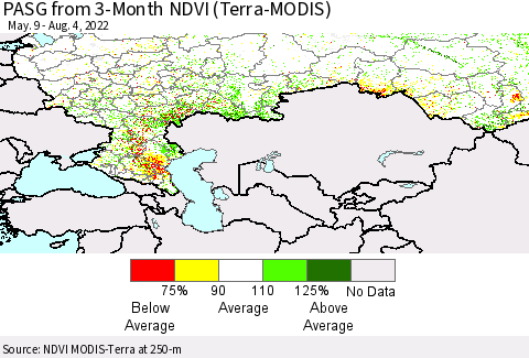 Russian Federation PASG from 3-Month NDVI (Terra-MODIS) Thematic Map For 7/28/2022 - 8/4/2022