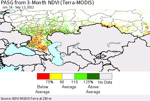 Russian Federation PASG from 3-Month NDVI (Terra-MODIS) Thematic Map For 9/6/2022 - 9/13/2022