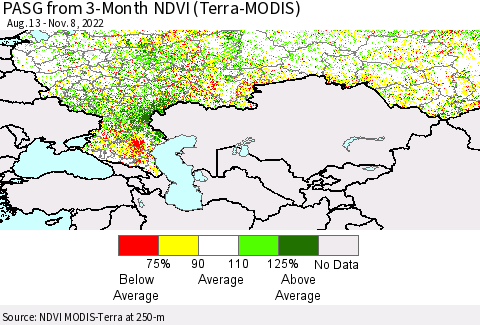 Russian Federation PASG from 3-Month NDVI (Terra-MODIS) Thematic Map For 11/1/2022 - 11/8/2022