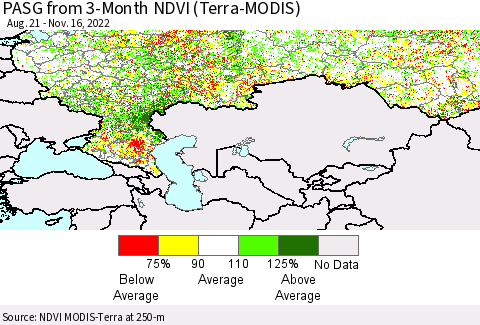 Russian Federation PASG from 3-Month NDVI (Terra-MODIS) Thematic Map For 11/9/2022 - 11/16/2022
