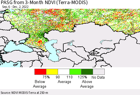 Russian Federation PASG from 3-Month NDVI (Terra-MODIS) Thematic Map For 11/25/2022 - 12/2/2022