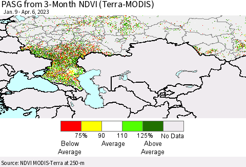 Russian Federation PASG from 3-Month NDVI (Terra-MODIS) Thematic Map For 3/30/2023 - 4/6/2023
