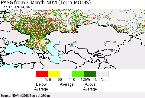 Russian Federation PASG from 3-Month NDVI (Terra-MODIS) Thematic Map For 4/7/2023 - 4/14/2023