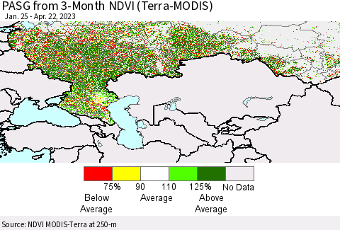 Russian Federation PASG from 3-Month NDVI (Terra-MODIS) Thematic Map For 4/15/2023 - 4/22/2023