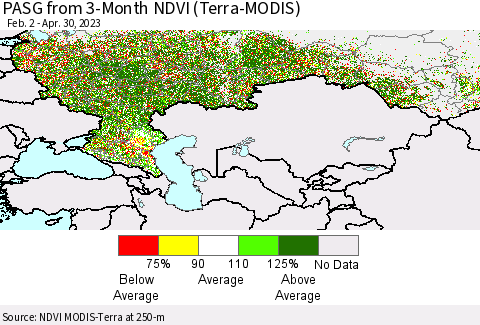 Russian Federation PASG from 3-Month NDVI (Terra-MODIS) Thematic Map For 4/23/2023 - 4/30/2023