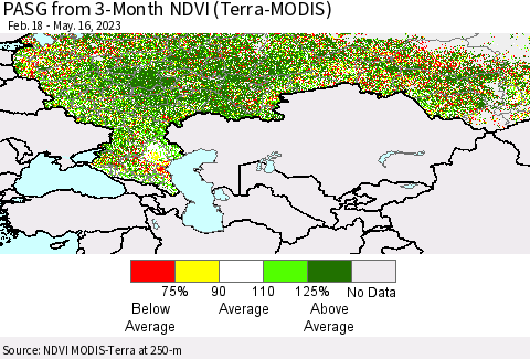 Russian Federation PASG from 3-Month NDVI (Terra-MODIS) Thematic Map For 5/9/2023 - 5/16/2023