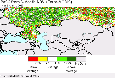 Russian Federation PASG from 3-Month NDVI (Terra-MODIS) Thematic Map For 5/25/2023 - 6/1/2023