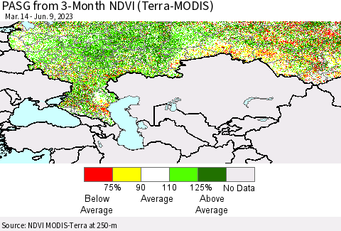 Russian Federation PASG from 3-Month NDVI (Terra-MODIS) Thematic Map For 6/2/2023 - 6/9/2023