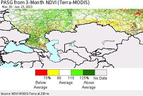 Russian Federation PASG from 3-Month NDVI (Terra-MODIS) Thematic Map For 6/18/2023 - 6/25/2023