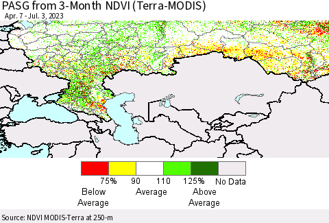 Russian Federation PASG from 3-Month NDVI (Terra-MODIS) Thematic Map For 6/26/2023 - 7/3/2023